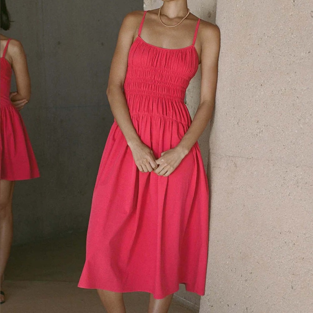 Ciao Lucia Volta Cotton Smocked Ruched Spaghetti Strap Midi Dress Hibiscus Red